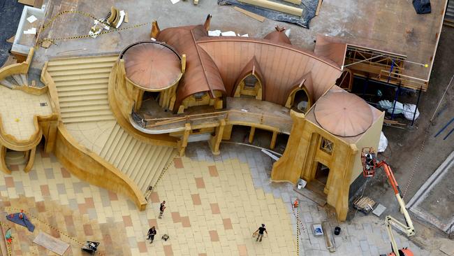 Crew on the Oxenford lot build one of the sets on which Cate Blanchett’s character is shown standing on the steps (above) in the Thor: Ragnarok trailer. Picture: David Clark.