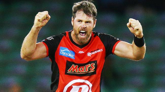 Dan Christian of the Renegades celebrates the wicket of Ashton Agar of the Scorchers.