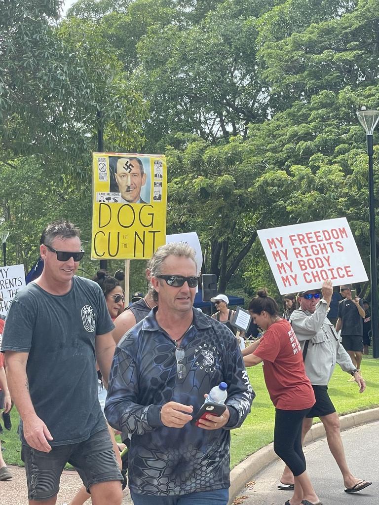 Protesters march through Darwin’s CBD against vaccination mandates on January 15 2022. Picture: Thomas Morgan