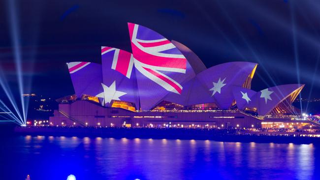 Sydney Opera House illuminated in the colours of the Australian flag on Australia Day 2023. Picture: AFP