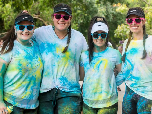 Brittany Zarb, Takiah Barrett, Indiana Zarb and Amy Duncan from Finch Hatton at the Mackay Colour Run 2021. Picture: Michaela Harlow