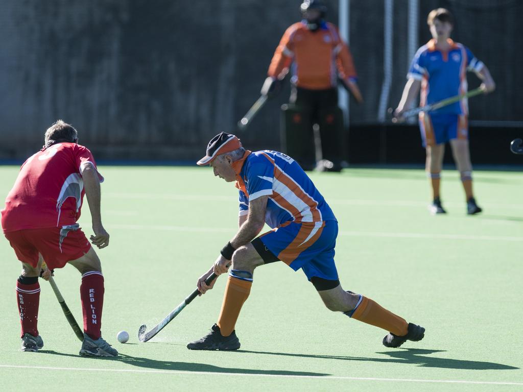 Rowan Lambourne (right) of Newtown against Red Lion White in A4 men Presidents Cup hockey at Clyde Park, Saturday, May 27, 2023. Picture: Kevin Farmer