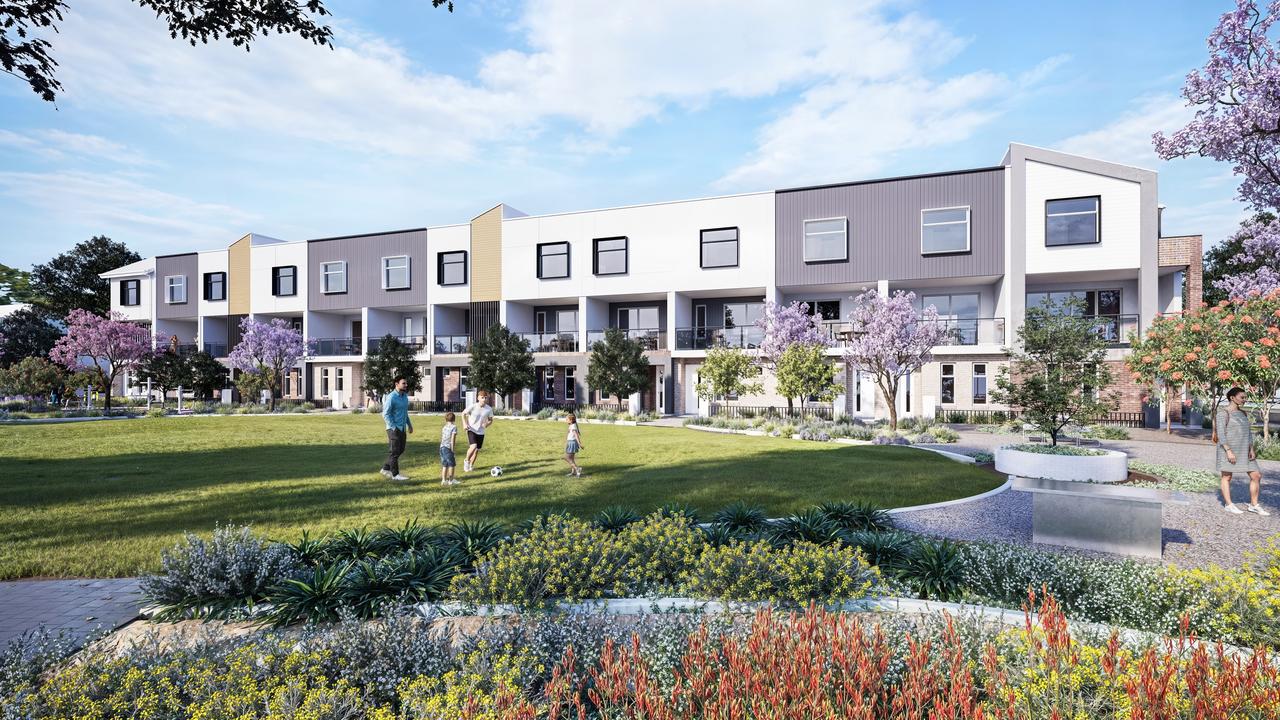 New park-facing townhouses at the state government's Prospect Corner housing redevelopment, on the corner of Churchill and Regency roads. Picture: Renewal SA