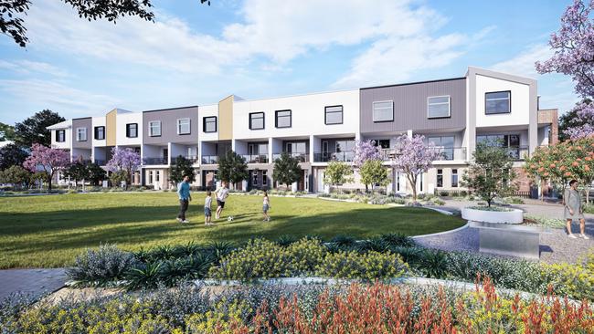 New park-facing townhouses at the state government's Prospect Corner housing redevelopment, on the corner of Churchill and Regency roads. Picture: Renewal SA