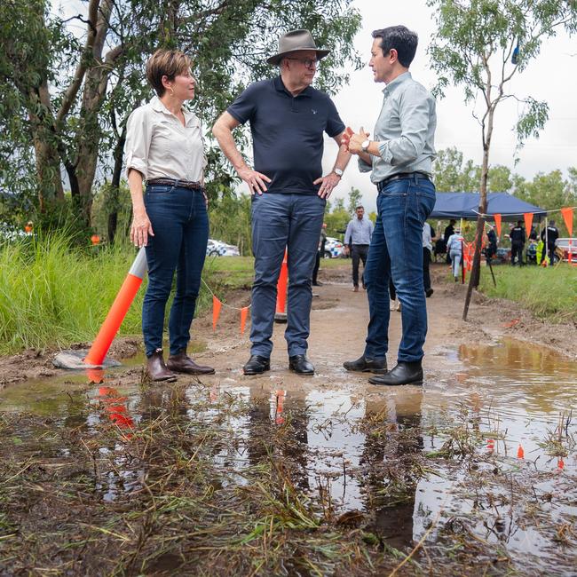 Prime Minister Anthony Albanese with Queensland Premier David Crisafulli and Minister for Emergency Management and Cities Jenny McAllister visit the Ollera Creek Bridge. Picture: PMO