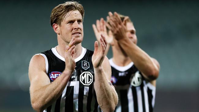 Port Adelaide skipper Tom Jonas in the prison bars jumper last year. Picture: Getty Images