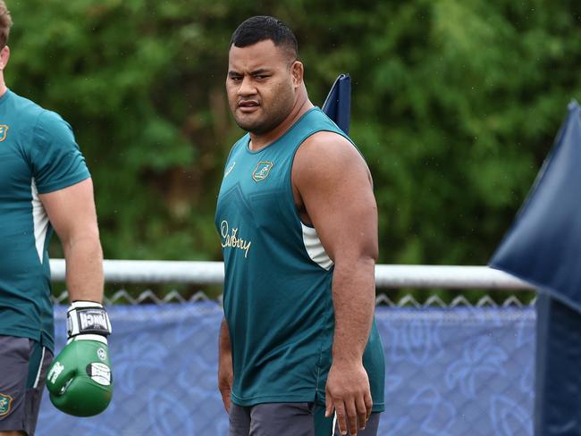 SAINT-ETIENNE, FRANCE - SEPTEMBER 13: James Slipper and Taniela Tupou during a Wallabies training session ahead of the Rugby World Cup France 2023, at Stade Roger Baudras on September 13, 2023 in Saint-Etienne, France. (Photo by Chris Hyde/Getty Images)
