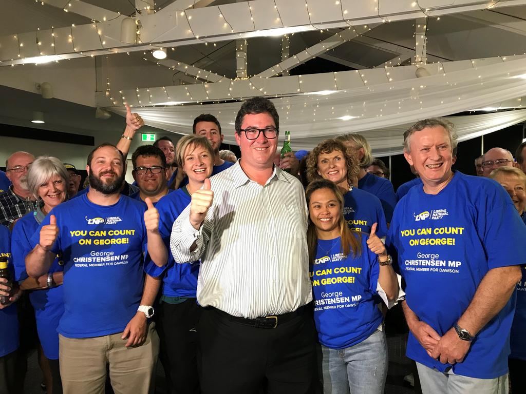 Dawson MP George Christensen celebrates his 2019 Federal Election win with his fiancee April, family, friends and supporters.