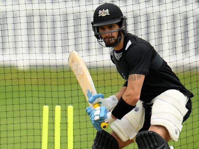 BRISTOL, ENGLAND - JULY 13: Benny Howell of Gloucestershire plays a shot during a training session for Gloucestershire CCC at The County Ground on July 13, 2020 in Bristol, England. (Photo by Harry Trump/Getty Images)