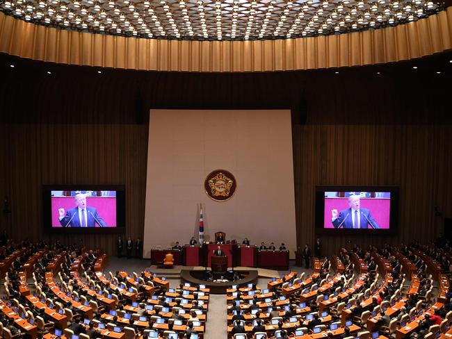 Mr Trump was applauded by his audience of South Korean politicians. Picture: Jim Watson/AFP