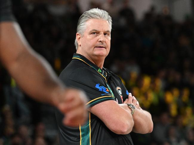 LAUNCESTON, AUSTRALIA - OCTOBER 18: Scott Roth, Head Coach of the Jackjumpers reacts during the round five NBL match between Tasmania Jackjumpers and Sydney Kings at Silverdome, on October 18, 2024, in Launceston, Australia. (Photo by Steve Bell/Getty Images)