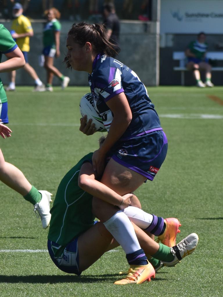 Action from the 2024 Schoolgirls rugby league state grand final between Ipswich SHS and St Mary's Cathedral College. Picture: Eddie Franklin