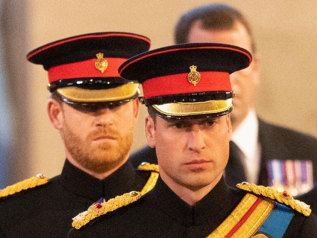 Prince William and Prince Harry arrive to stand vigil over the coffin of Queen Elizabeth II. Picture: AFP