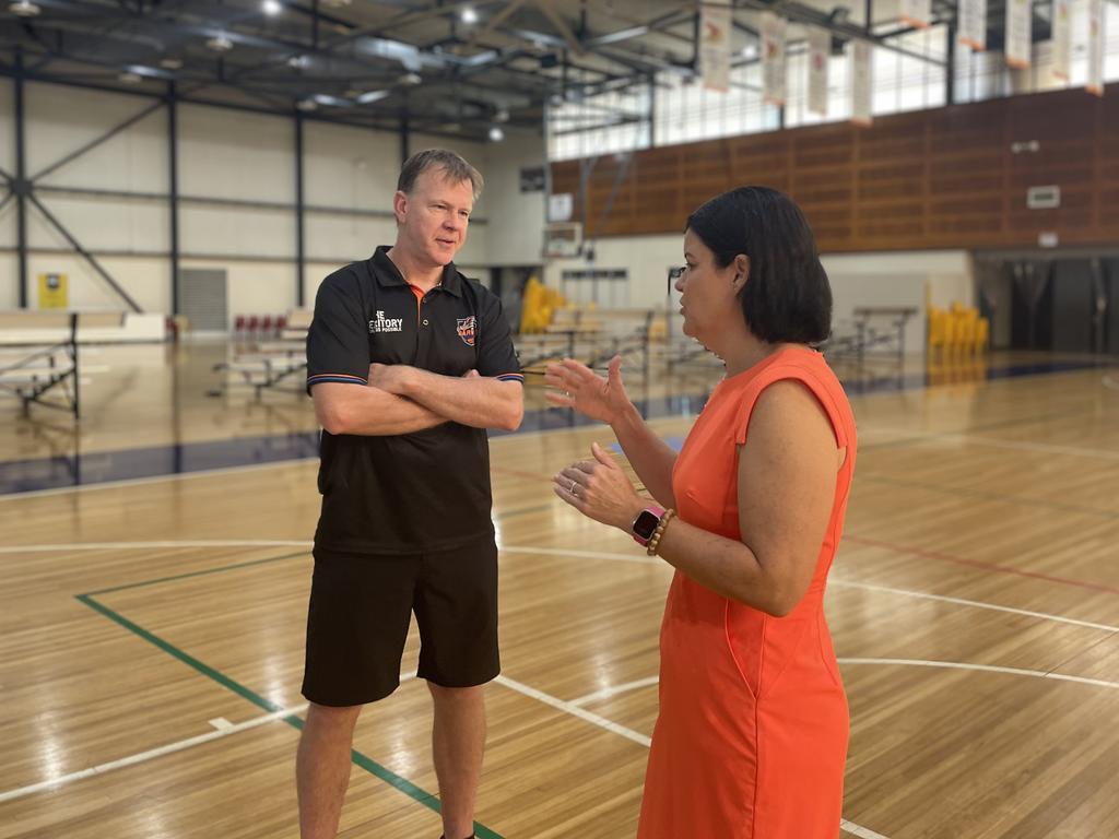 Chief Minister Natasha Fyles, with Salties coach Matt Flinn, said the NBL1 North team had been a big success in 2022. Picture: Monique Van Der Heyden