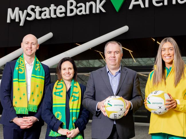 Netball Tasmania CEO Mitch Coulson, Netball Australia CEO Kelly Ryan, Minister for Stadia and Events Nic Street and Australian Diamonds player Tilly Garrett at MyState Bank Arena to announce the Diamonds games later this year. Picture: Richard J. Ho - Minch Media.