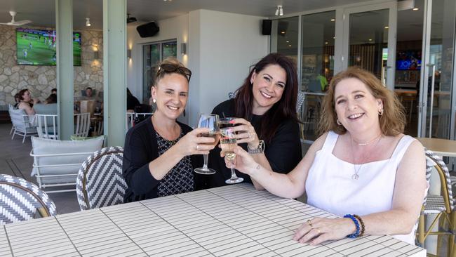 Jacqui Chibnall, Wendy Cahill and Kirsty Monssen enjoying a drink at the revamped Christies Beach Hotel. Picture: Kelly Barnes