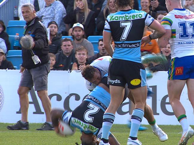 NRL 2023: Seb Kris spear tackle on Sione Katoa, Sharks v Raiders, send off, video, replay