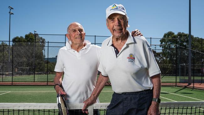WWII veteran and former Keith farmer Henry Young (right) turned 100 on Tuesday and to celebrate, he played tennis with Michael Donaldson, 90, at the South Parkland Hockey & Tennis Centre. Picture: Naomi Jellicoe