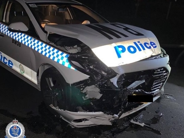 Damage to the front of the police car caused by the collision. Picture: NSW Police