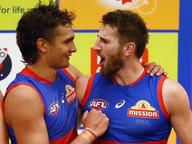 MELBOURNE. 31/03/2022.   Western Bulldogs vs Sydney Swans at Marvel Stadium. Jamarra Ugle-Hagan and  Marcus Bontempelli after tonightÃs win   . Photo by Michael Klein