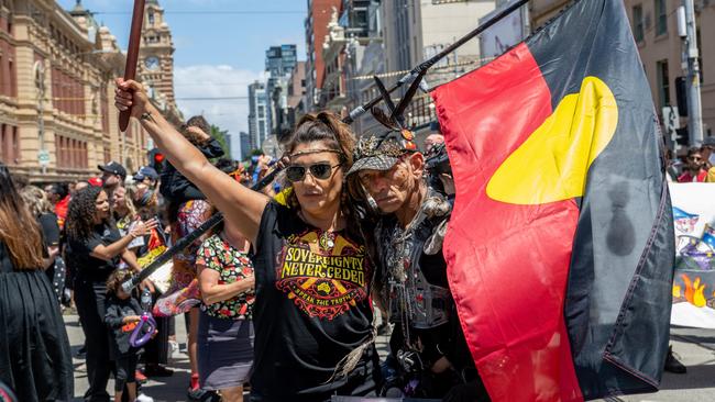 Senator Lidia Thorpe takes part march from Parliament House to Flinders St Station during the Treaty Before Voice Invasion Day Protest on January 26. Picture: Getty Images