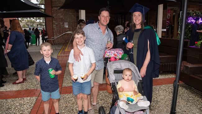 03-10-2023 Deakin University education graduations at the waterfront campus. Scott & Jess Pepyat with kids Ollie, Elwood and Emily