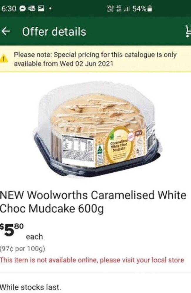 Woolies has released a limited-edition Caramelised White Choc Mudcake and fans are all for it. Picture: Facebook