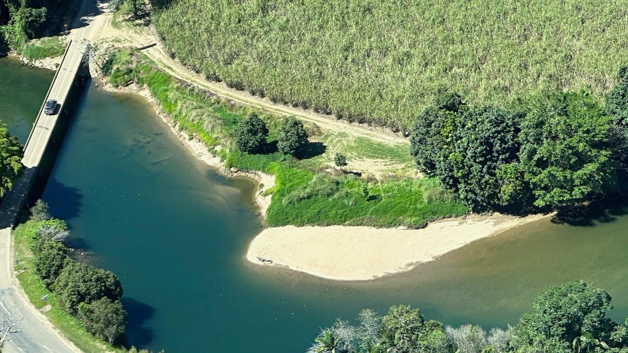 An aerial view of the Clyde the croc on his Russell River Sandbar. Picture: Supplied