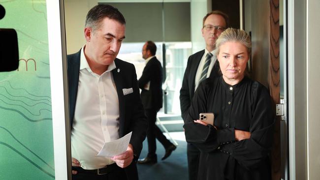 Virgin Australia CEO Paul Scurrah (left), Deloitte administrator Vaughan Strawbridge (rear) and Virgin chief customer officer Danielle Keighery preparing to face the media after the company went into administration on April 21. Picture: John Feder