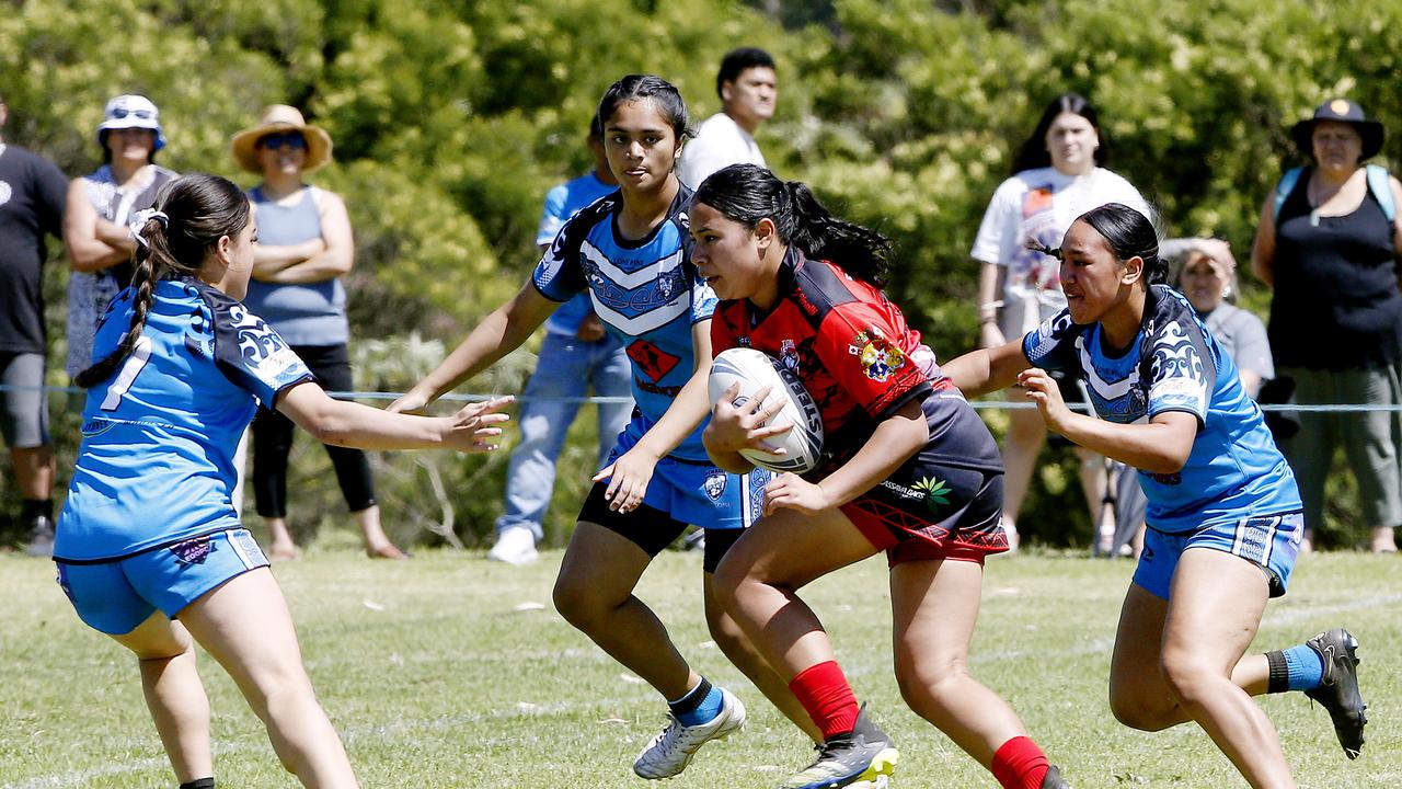 Action from U16 Girls Maori Ma v Tonga. Harmony Nines Rugby League. Picture: John Appleyard