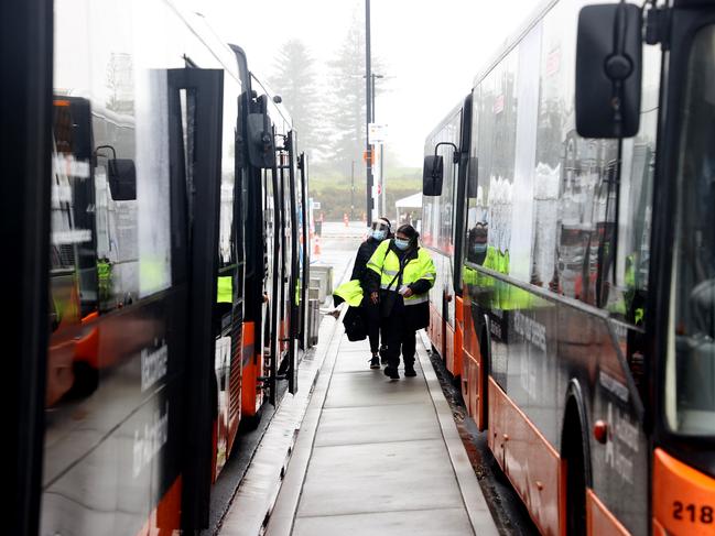 A vaccination bus is pictured at the Auckland Airport drive through vaccination centre in a bid to boost COVID-19 vaccination numbers. Picture: Getty