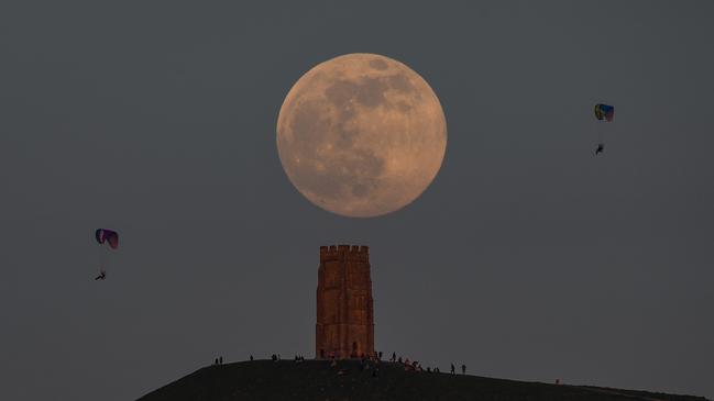 The supermoon shines over Glastonbury in the UK. Picture: Finnbarr Webster/Getty Images