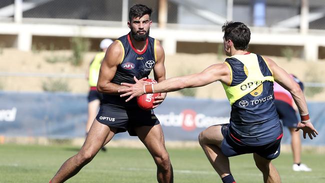 Adelaide players Wayne Milera and Jake Kelly training at West Lakes. Picture: Sarah Reed