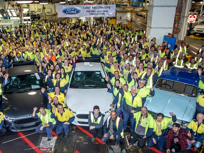 Ford workers send off the last Falcon ute (centre) on the Broadmeadows production line. Picture: Supplied. Ford factory workers with the last Falcon ute made at Broadmeadows (centre) alongside the second last example (left), an XR6 Turbo to be auctioned for charity, and one of the first Falcon utes (right). 29 July 2016. Picture: Supplied.