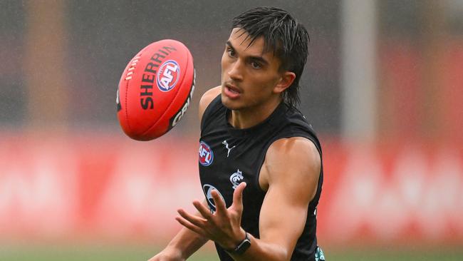 Draftee Ashton Moir on the track as a Blue for the first time on Monday. Picture: Morgan Hancock/Getty Images