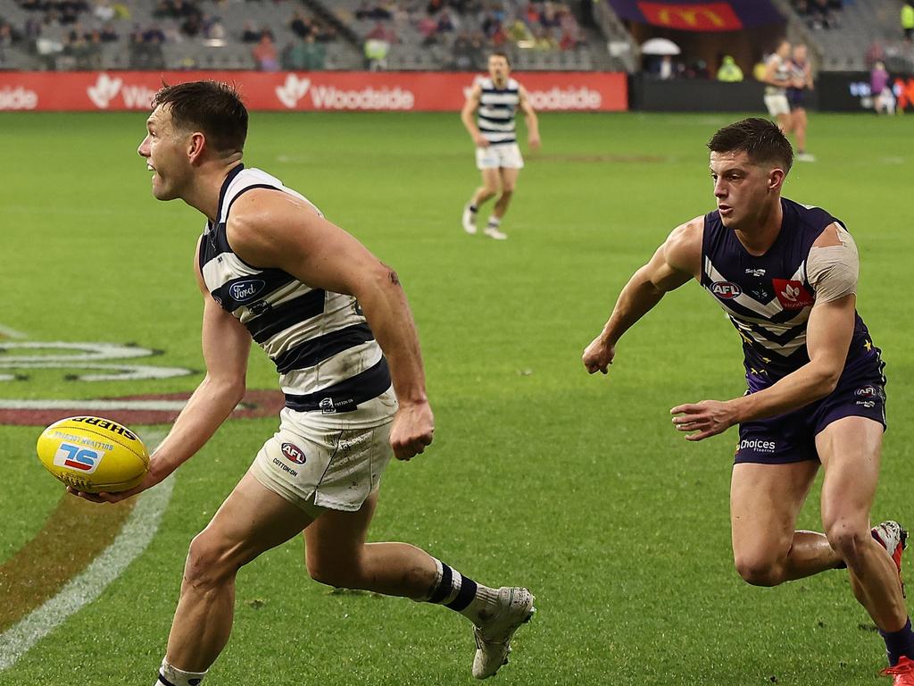 Higgins (L) joined Geelong from North Melbourne at the beginning of the season. (Photo by Paul Kane/Getty Images)