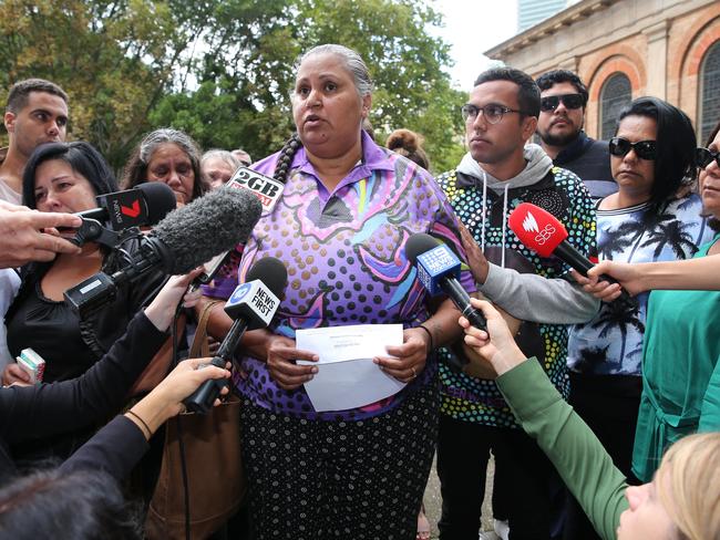 Michelle Jarrett, aunt of Evelyn, speaks to media in Sydney during a 2019 protest aimed at reminding the public the Bowraville murders remain unsolved. Picture: The Australian