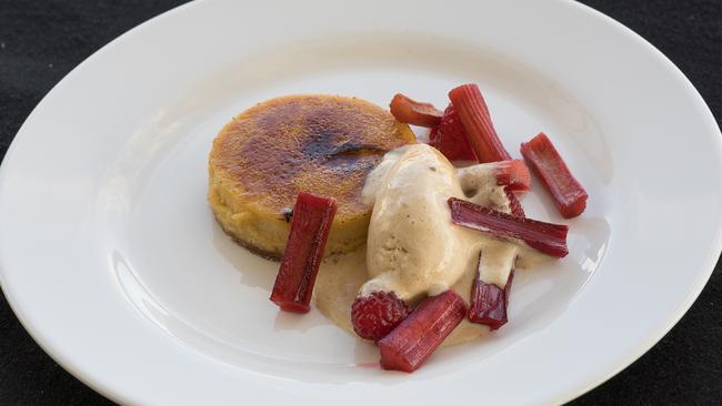 Brown sugar tart, poached rhubarb, ginger parfait and raspberry