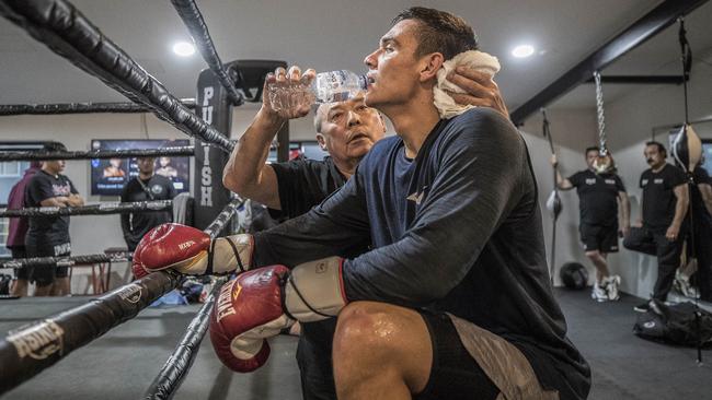 Tim Tszyu takes a short break during an afternoon gym session in Burleigh. ‘As a young boy, I always dreamt of being like Dad, he was the ultimate warrior’. Picture: Peter Wallis