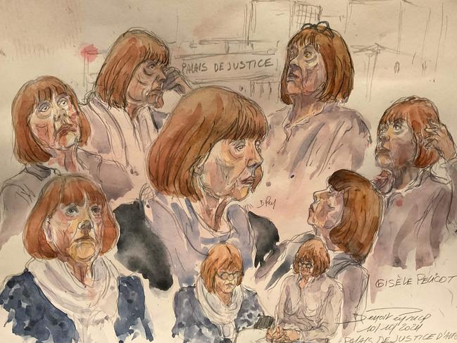 This court sketch created on October 10 shows multiple portraits of Ms Pelicot during the trial. Picture: Benoit Peyrucq/AFP