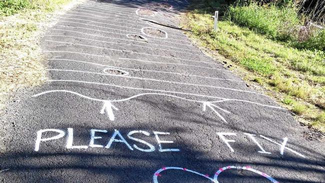 CLEAR MESSAGE: Guerilla road artist Roa Dart is again sending the Lismore City Council a clear message about dangerous sections of roads around the Lismore area. Picture: Max Osborn