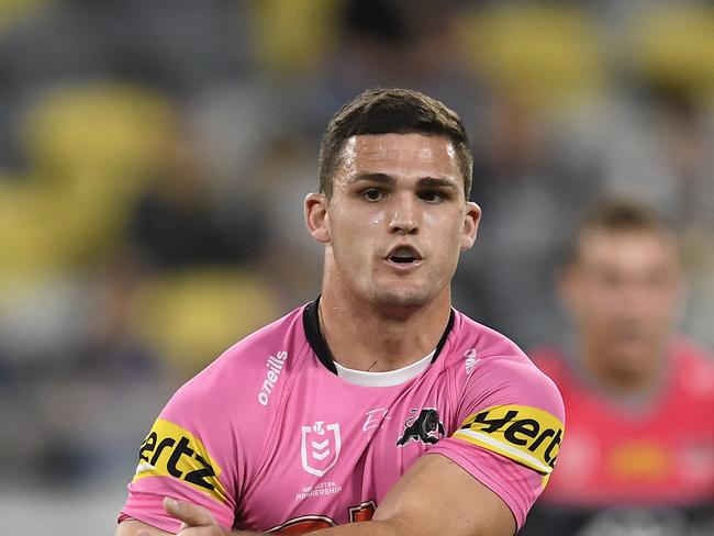 TOWNSVILLE, AUSTRALIA - SEPTEMBER 18: Nathan Cleary of the Panthers passes the ball during the round 19 NRL match between the North Queensland Cowboys and the Penrith Panthers at QCB Stadium on September 18, 2020 in Townsville, Australia. (Photo by Ian Hitchcock/Getty Images)