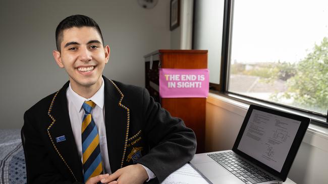 Sebastian Khoury is a Year 12 student at St Bernard's College preparing to sit the English exam in less than 2 weeks. Sebastian also survived cancer and has written a book. Picture: Jason Edwards