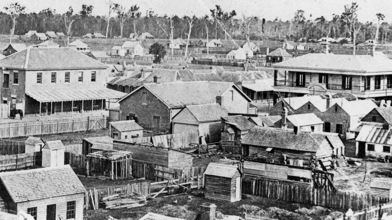 View from Post Office Tower, Maryborough, 1869. A sweeping perspective over the Kent and Richmond Street corner, showing the heart of early Maryborough. Source: Moreton Bay &amp; More