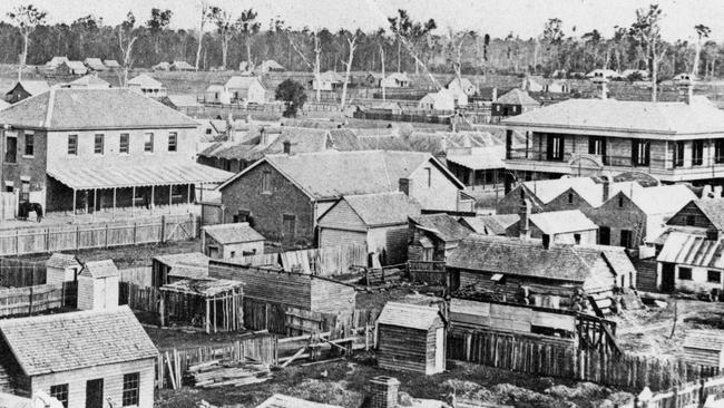 View from Post Office Tower, Maryborough, 1869. A sweeping perspective over the Kent and Richmond Street corner, showing the heart of early Maryborough. Source: Moreton Bay &amp; More