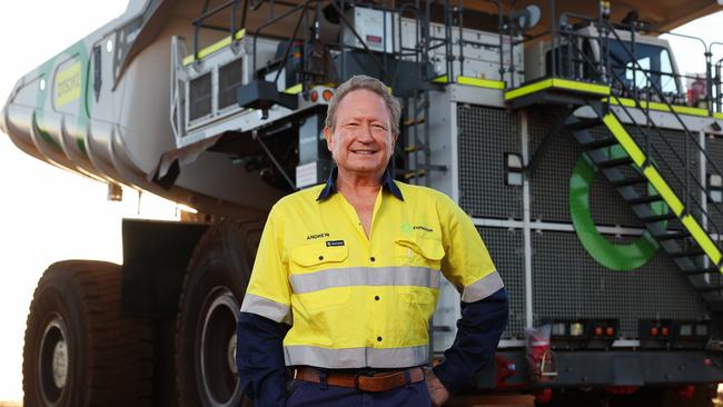 Andrew Forrest with a green energy haul truck at the Christmas Creek mine in Western Australia. Picture: Rohan Kelly