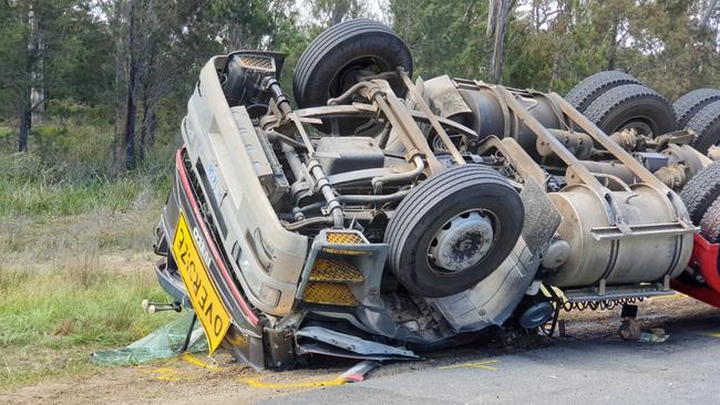 A 71-year-old Devonport man died when the prime mover he was driving rolled on the Tasman Highway at Picanniny Point. Picture: Tasmania Police.