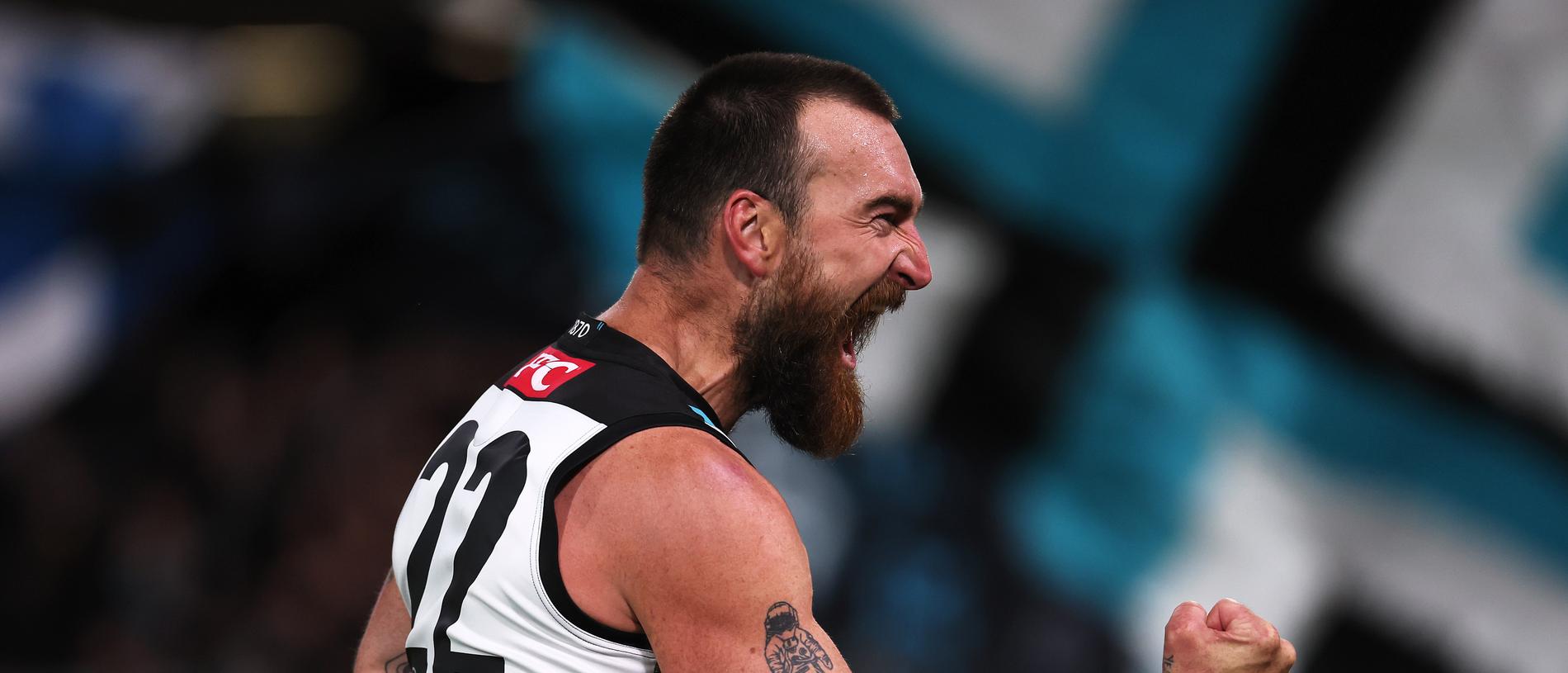 ADELAIDE, AUSTRALIA - APRIL 26: Charlie Dixon of the Power celebrates a goal during the 2024 AFL Round 07 match between the Port Adelaide Power and the St Kilda Saints at Adelaide Oval on April 26, 2024 in Adelaide, Australia. (Photo by James Elsby/AFL Photos)