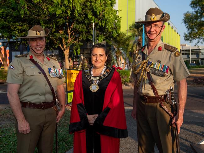 Commander 1st Brigade - Brigadier Nick Foxall, AM, DSM, Mayor Athina Pascoe-Bell and MAJGEN Craig Furini AM, CSC Royal Australian Artillery at the Freedom of Entry march through Palmerston on Friday. Picture: Pema Tamang Pakhrin