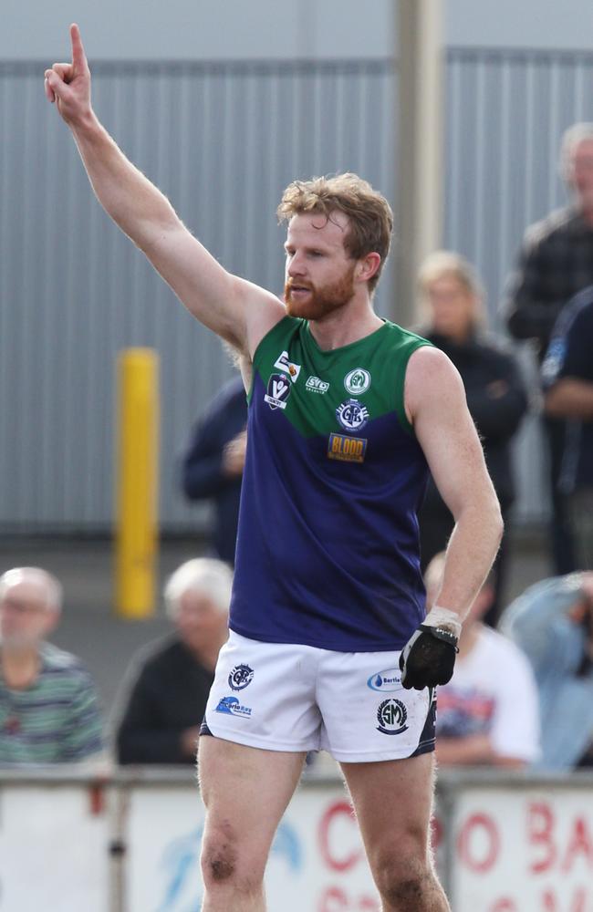 Tom Lang kicks a goal and celebrates Picture: Mark Wilson